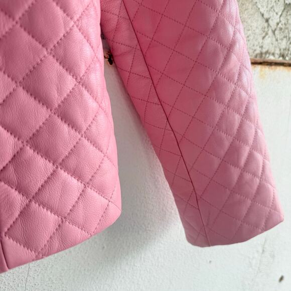Vtg Leather Jacket Pink Quilted Collarless Womens XL 90s Barbiecore Coquette - Picture 5 of 10